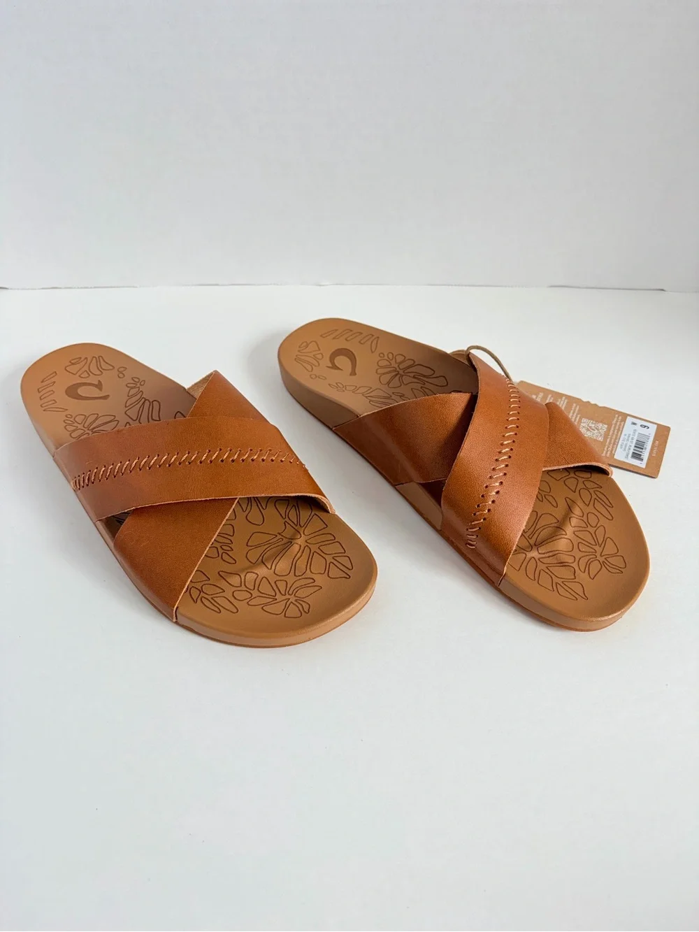 OluKai Kipea Olu Slide Sandals Cross Strap Shoes Cushioned Leather Brown Size 9 - Picture 13 of 15